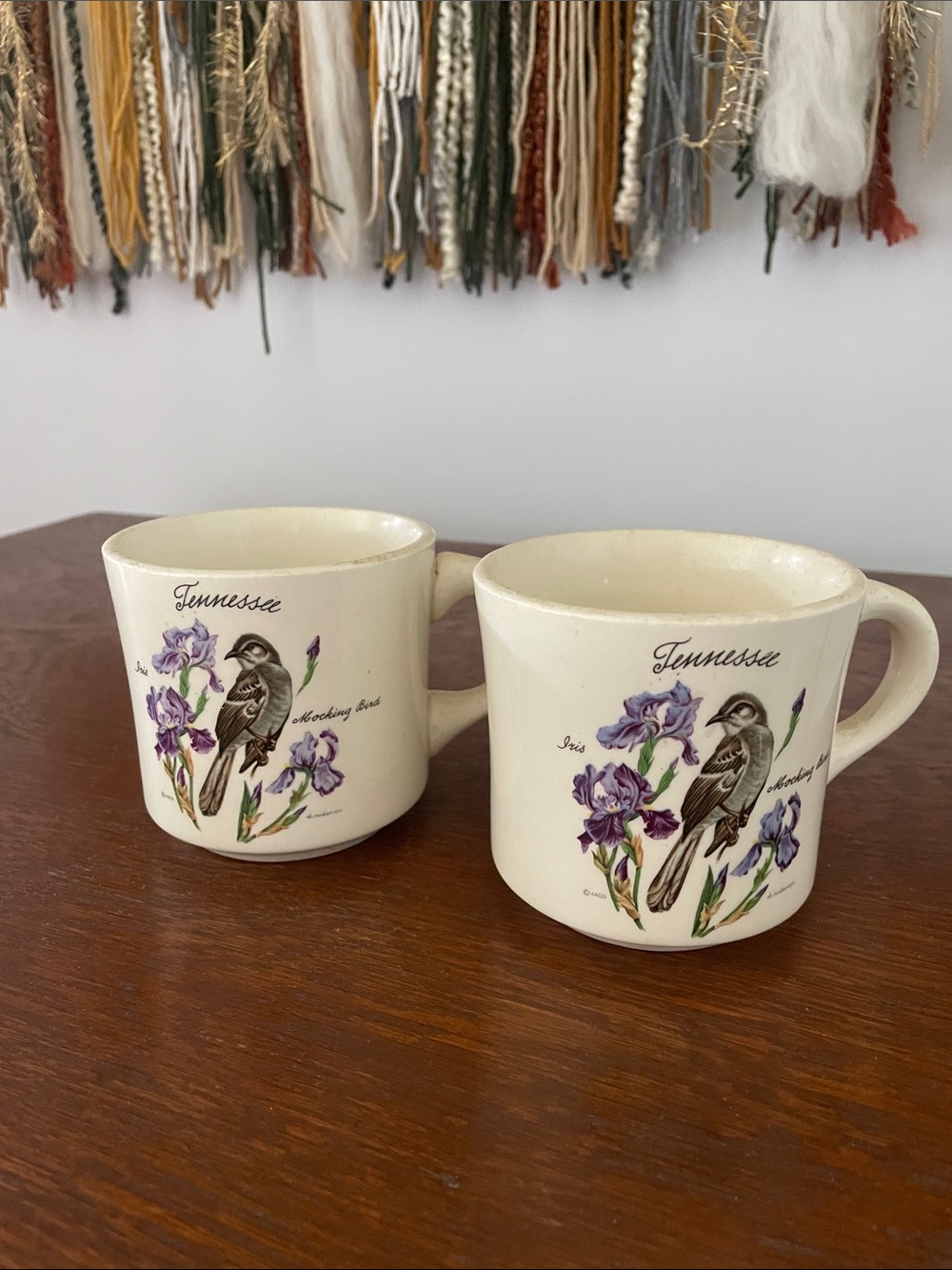 Tennessee Mockingbird & Iris Ceramic Mugs - Cream and Purple